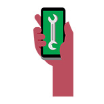 Rysunek dłoni trzymającej telefon z symbolem klucza na ekranie