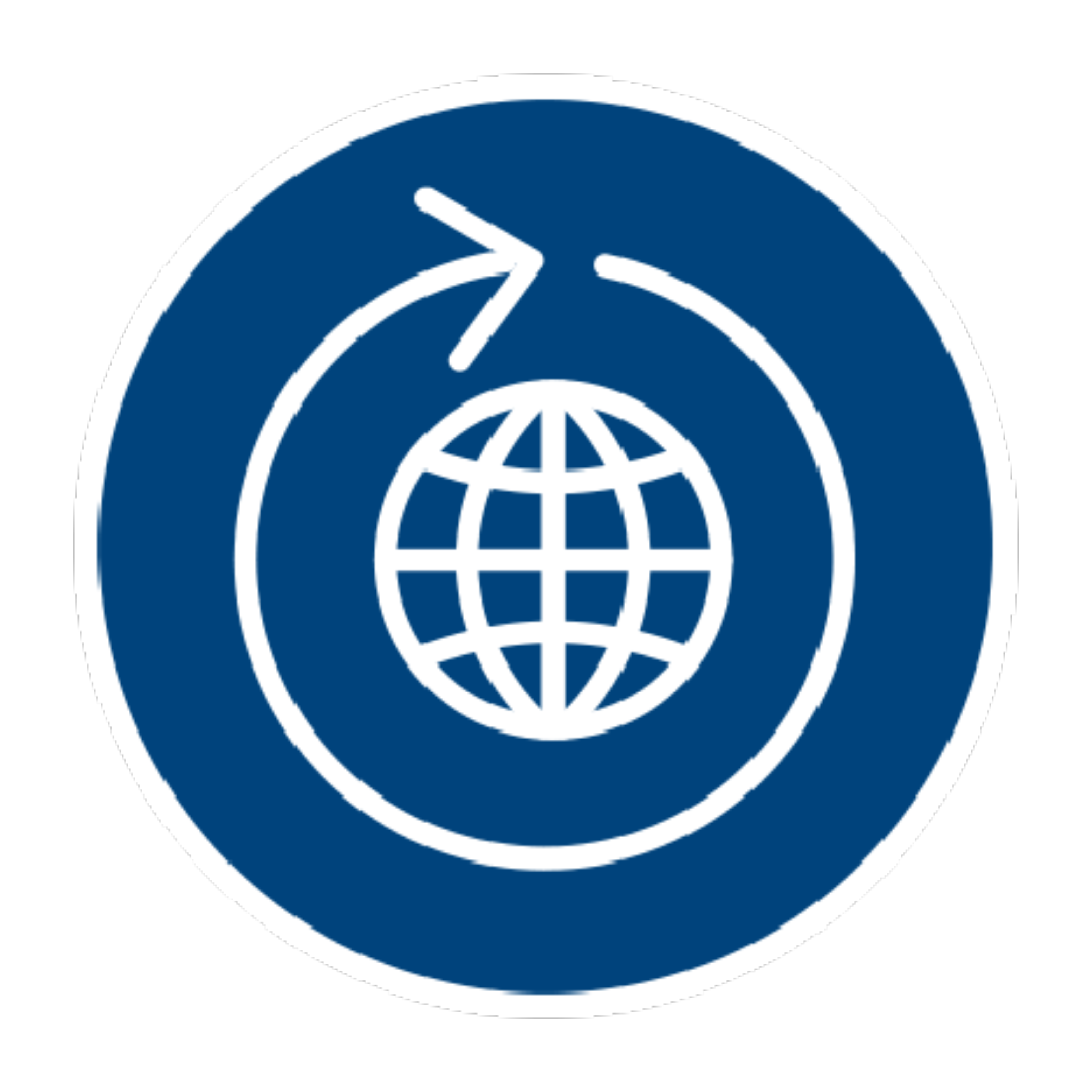 Rysunek kuli ziemskiej i jej linii długości i szerokości geograficznej wewnątrz okrągłego symbolu recyklingu