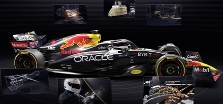 Grafika przedstawiająca samochód Red Bull z wyróżnionymi wszystkimi systemami wewnętrznymi
