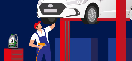 Rysunek wektorowy mechanika samochodowego naprawiającego samochód w garażu i oleju Mobil 1 stojącego na powierzchni