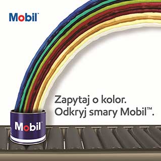Mobil tin with a rainbow bursting out, and copy saying Ask for colour, Ask for Mobil grease