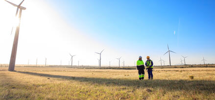 Dwóch inżynierów Mobil stoi pośrodku farmy wiatrowej. Wiele turbin wiatrowych w linii.